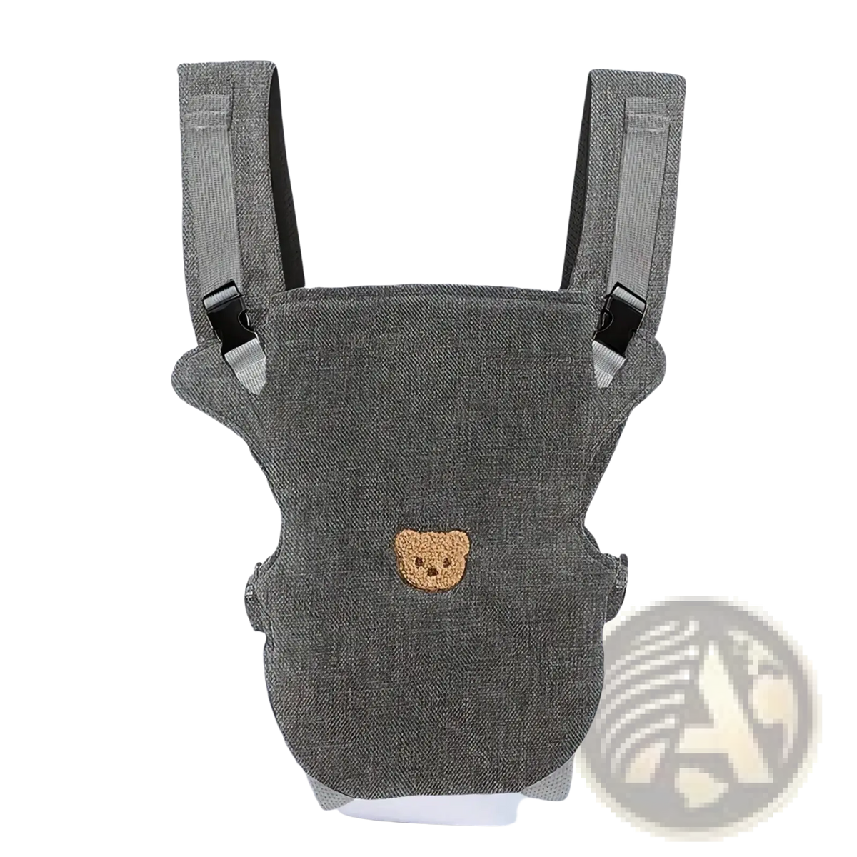 Ergonomic baby carrier 4-in-1 front and back travel gear in gray textured fabric with tan embroidered bear face