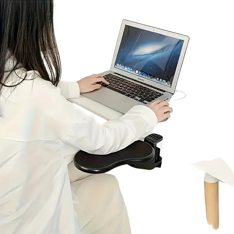 Black ergonomic desk armrest extender clamp made of sturdy material for comfortable laptop use at desk workstation