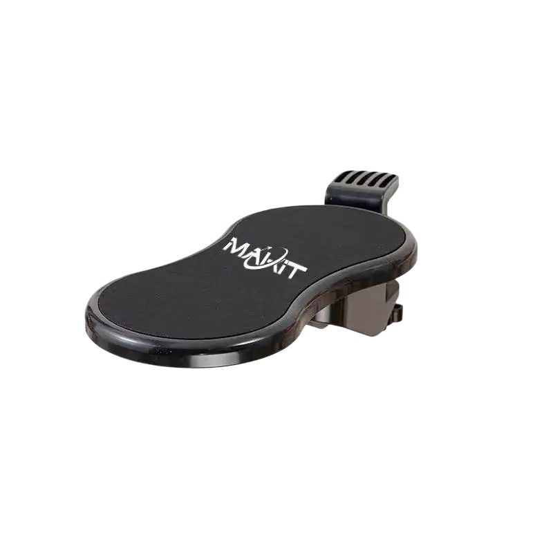 Ergonomic desk armrest extender black with smooth contoured surface and adjustable clamp made of black plastic
