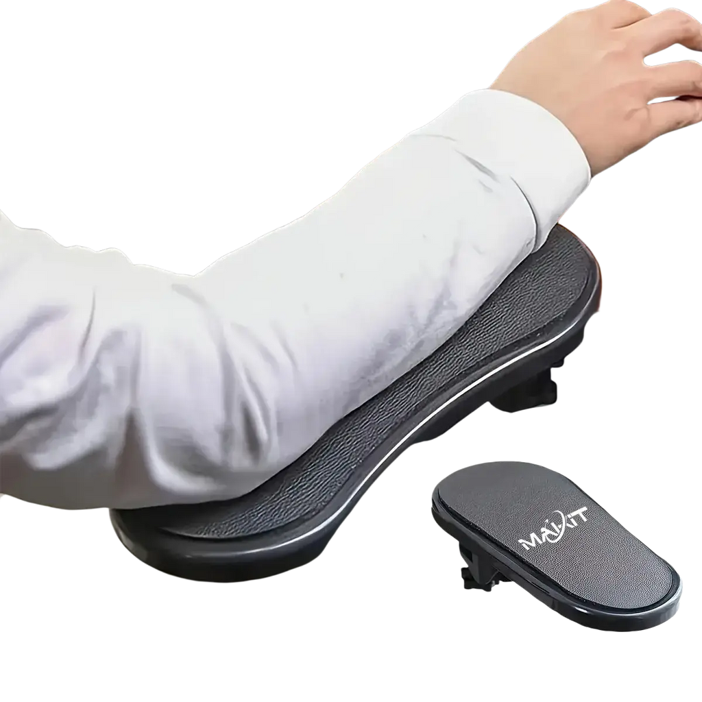 Black textured ergonomic desk armrest extender made of durable material featuring mavit branding for comfort and support