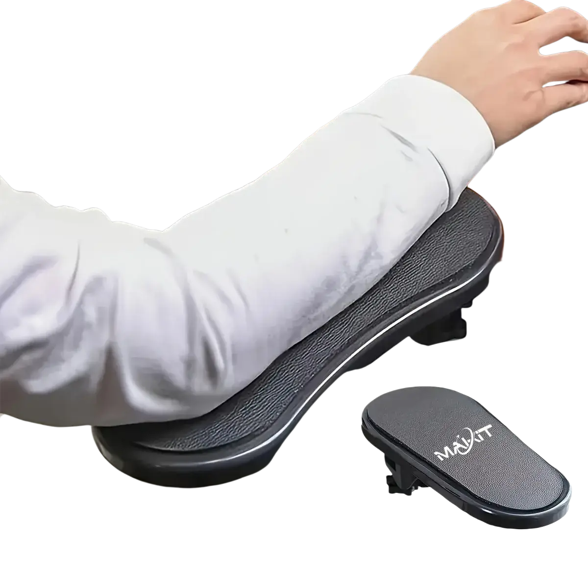 Black textured ergonomic desk armrest extender made of durable material featuring mavit branding for comfort and support