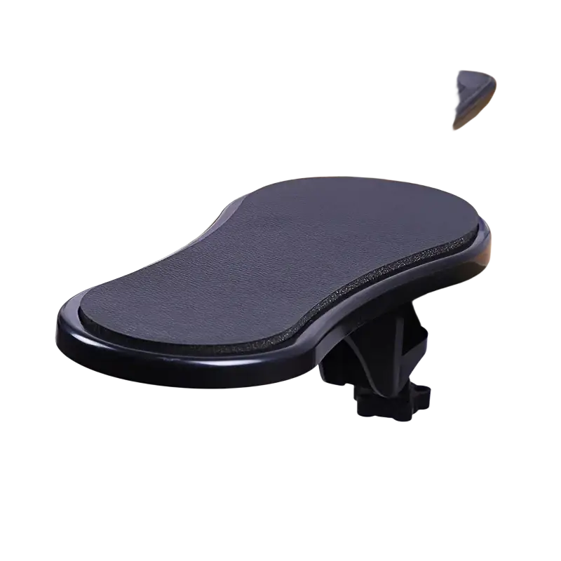 Ergonomic desk armrest extender in black with textured surface and adjustable clamp for wrist support