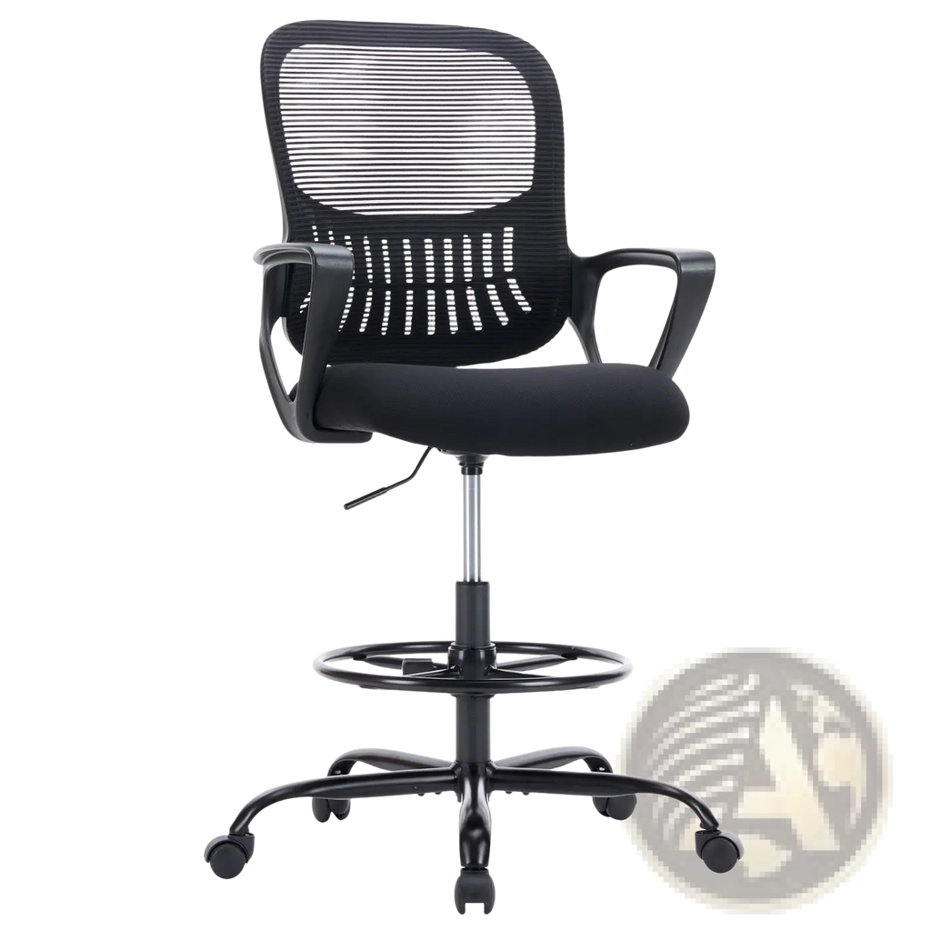 Ergonomic drafting chair black mesh-back office stool with padded seat and casters for high standing desks