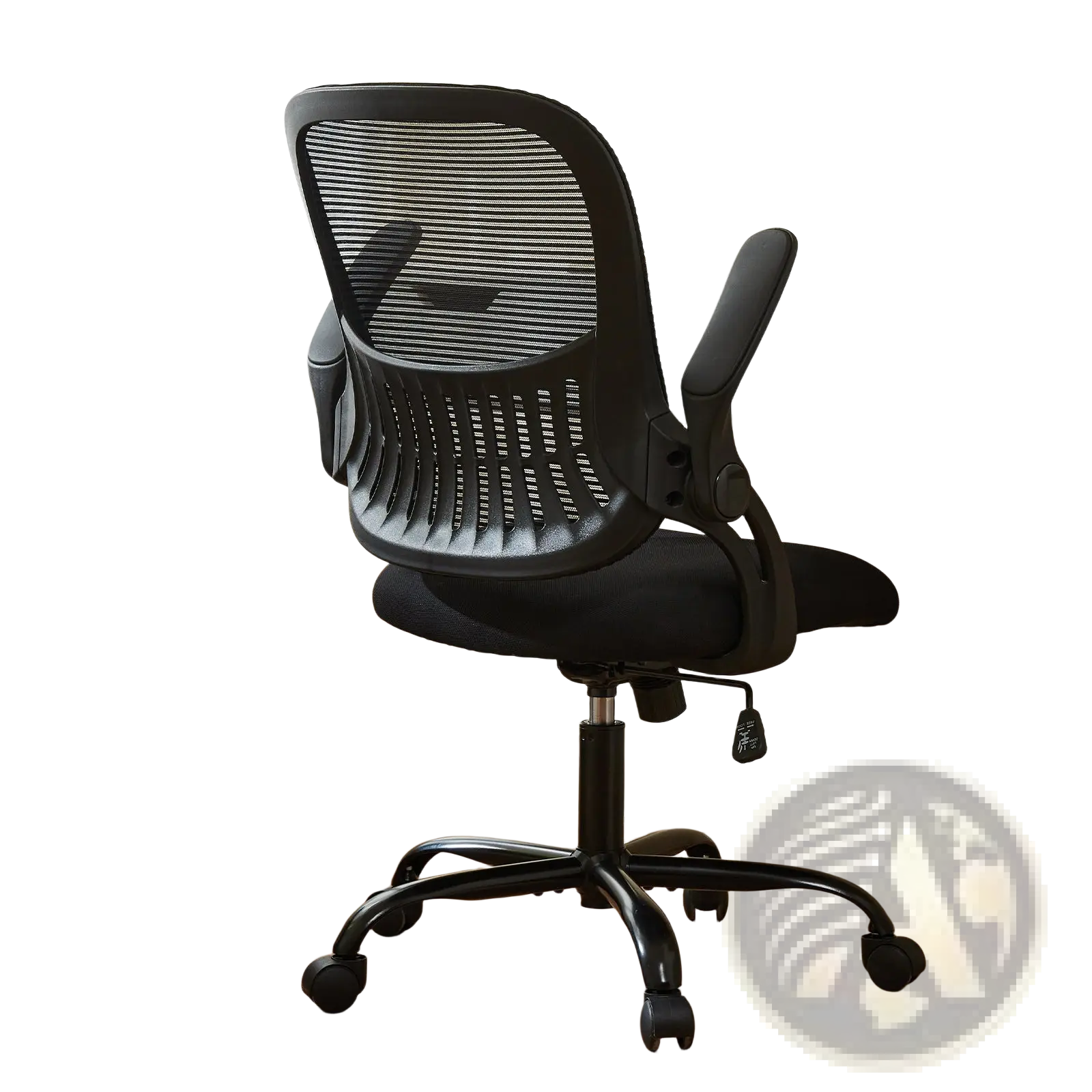 Black mesh-back ergonomic drafting chair with padded seat armrests and five-wheel base for high desk use viewed from back