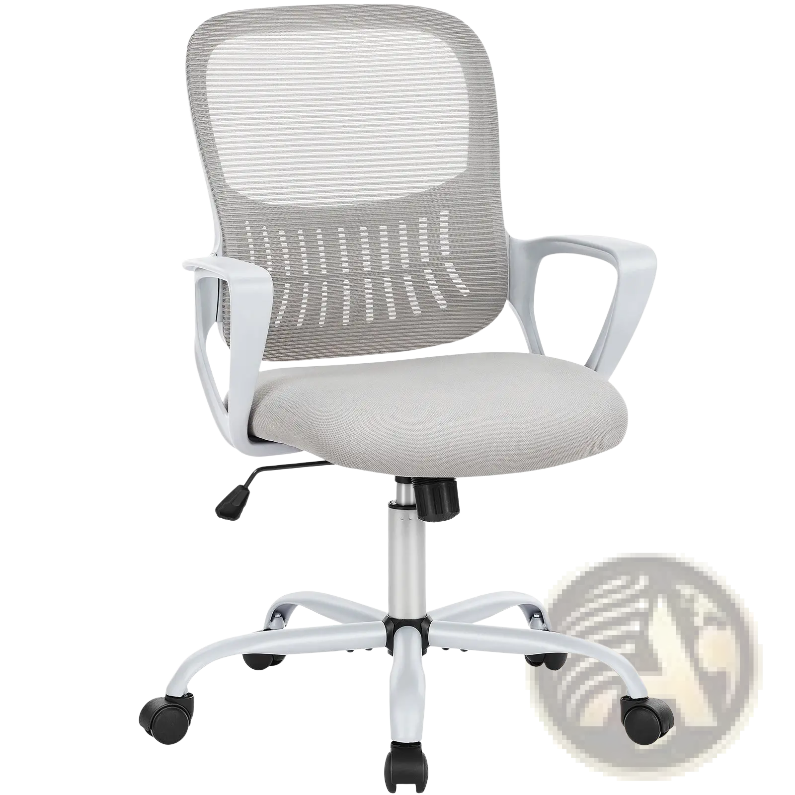 Ergonomic drafting chair high standing desk stool with gray mesh back, white plastic arms and base, and gray upholstered seat