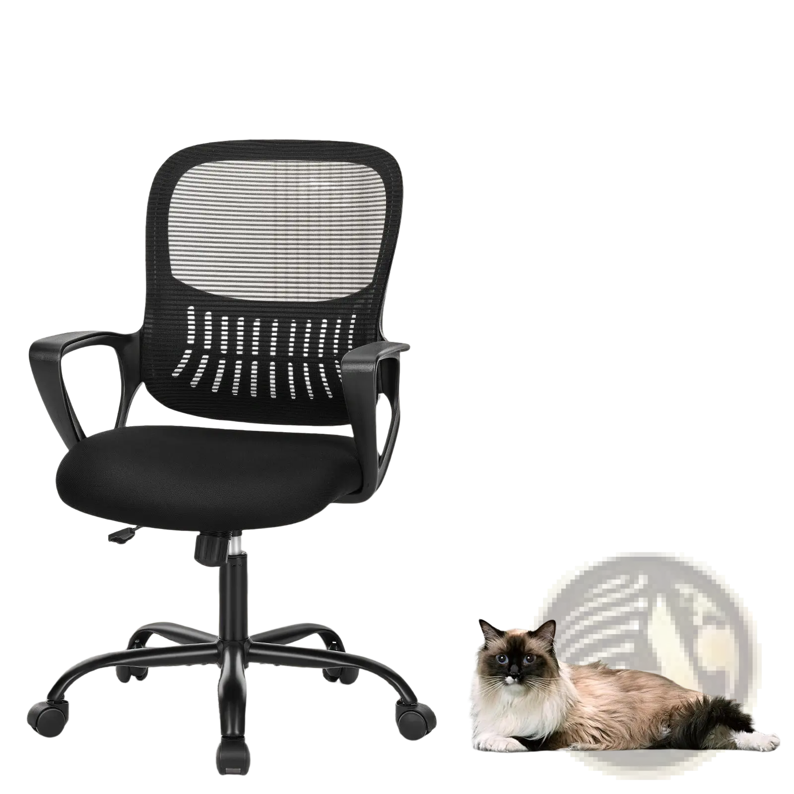 Ergonomic drafting chair with black mesh back, padded seat, and casters for high standing desk use shown from back side
