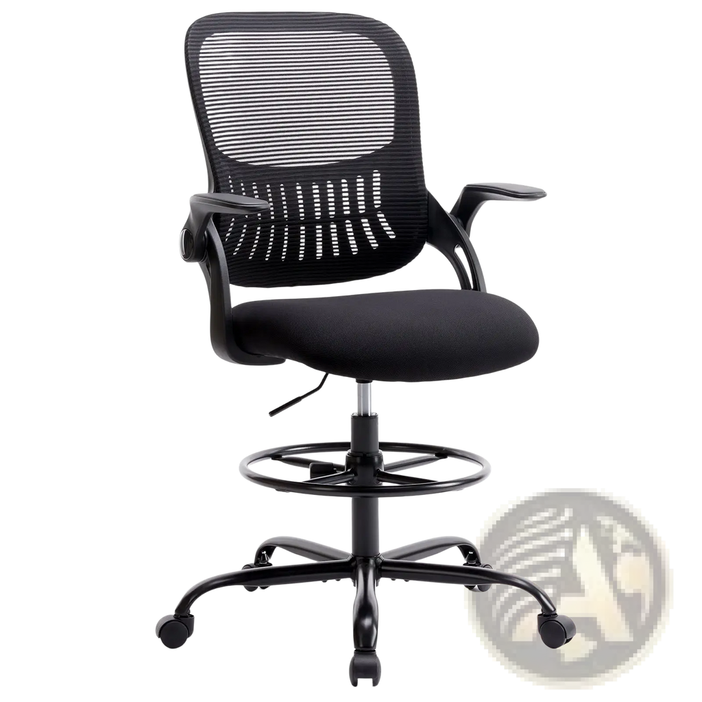 Ergonomic drafting chair high standing desk stool with black mesh back, padded seat, and adjustable armrests