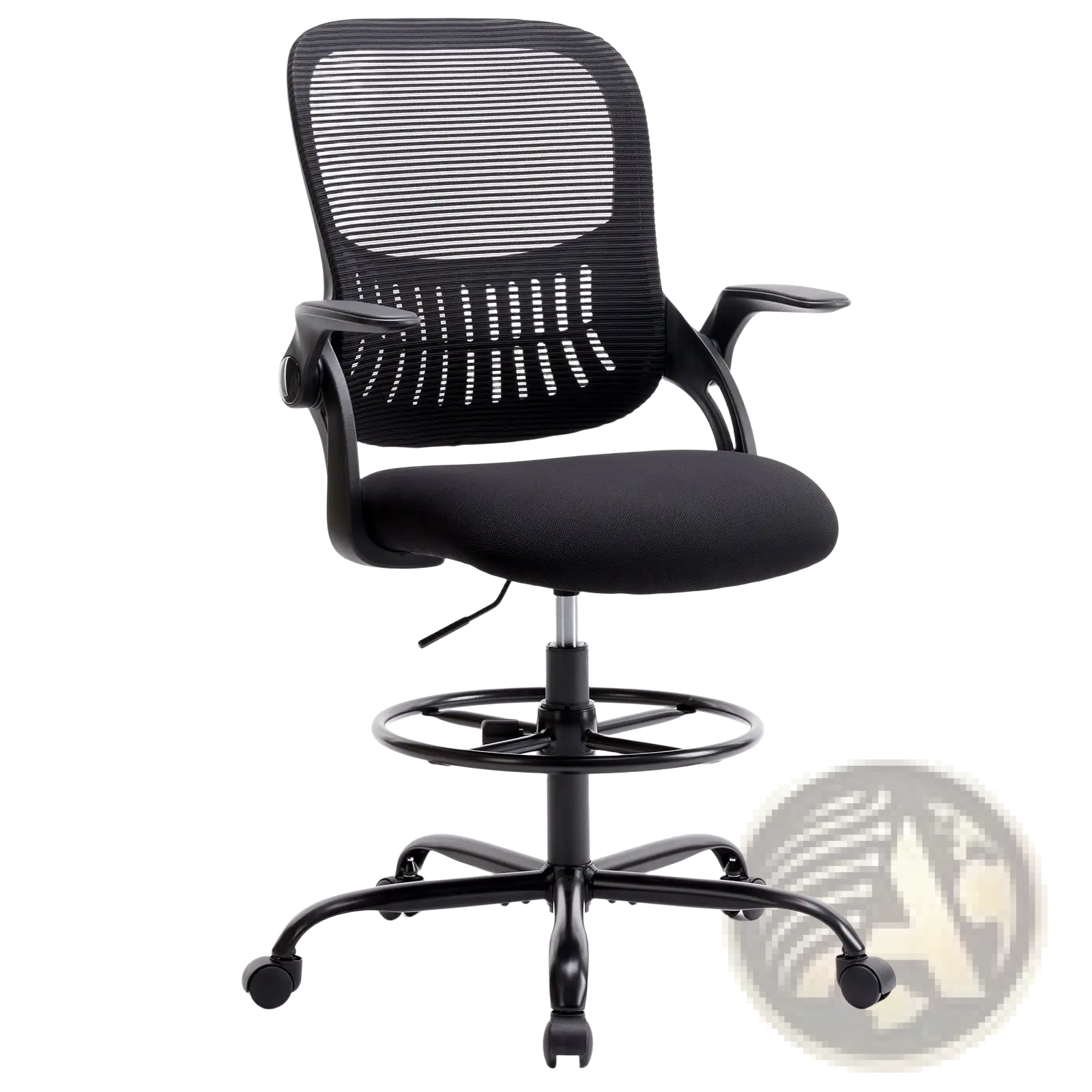 Ergonomic drafting chair high standing desk stool with black mesh back, padded seat, and adjustable armrests
