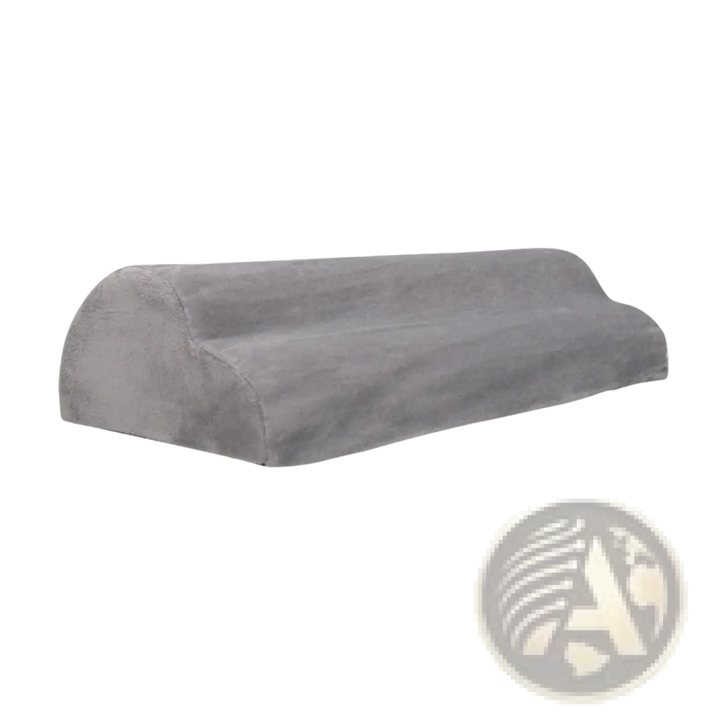 Gray suede-textured lumbar support pillow designed for ergonomic footrest with lumbar support and led lighting