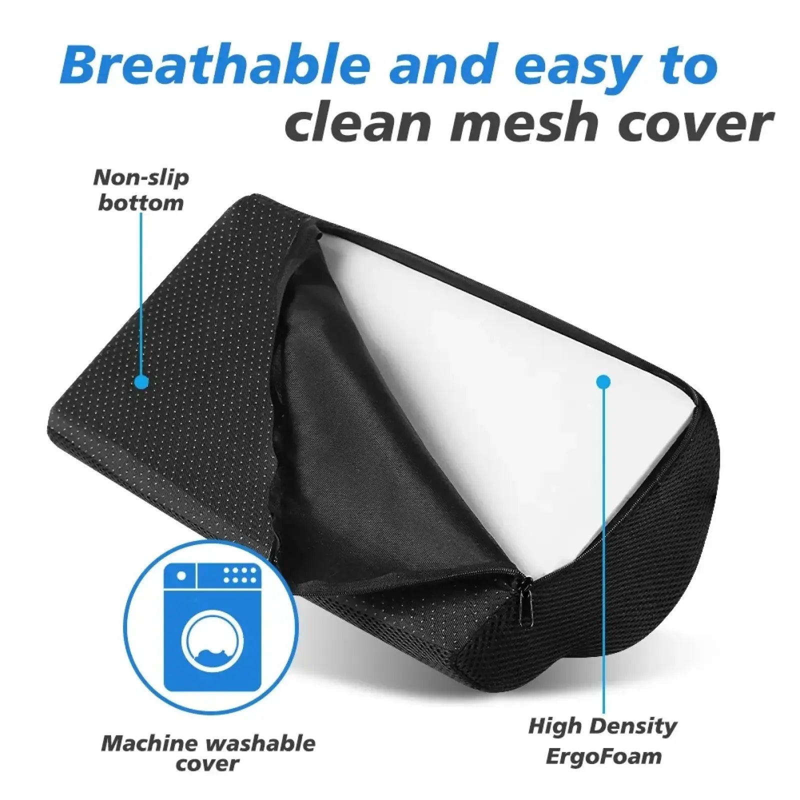 Black breathable mesh cover with non-slip bottom and zipper protecting high-density ergofoam insert of ergonomic footrest