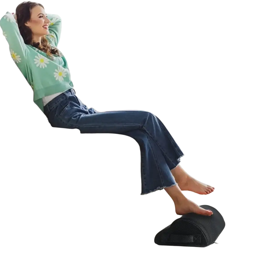 Ergonomic black fabric footrest with textured surface and adjustable strap for lumbar support and led lighting