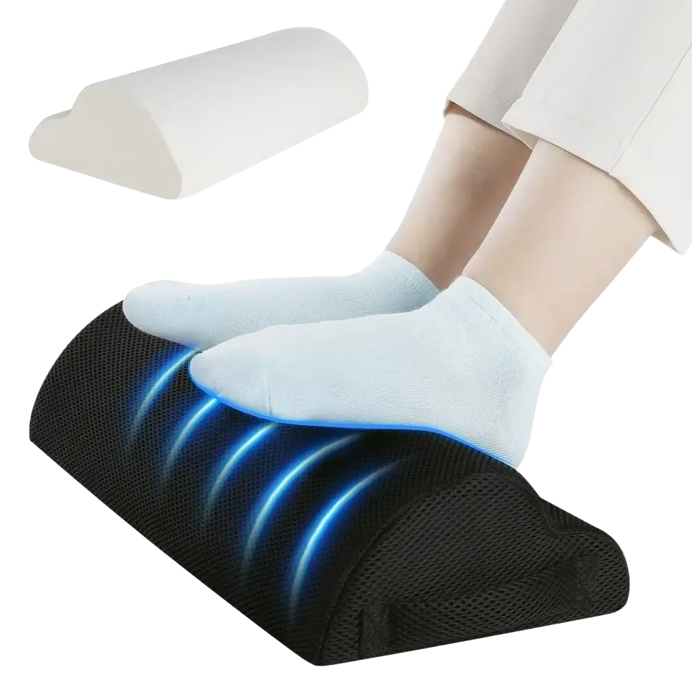 Ergonomic black mesh footrest with lumbar support featuring blue led lighting for comfortable posture enhancement