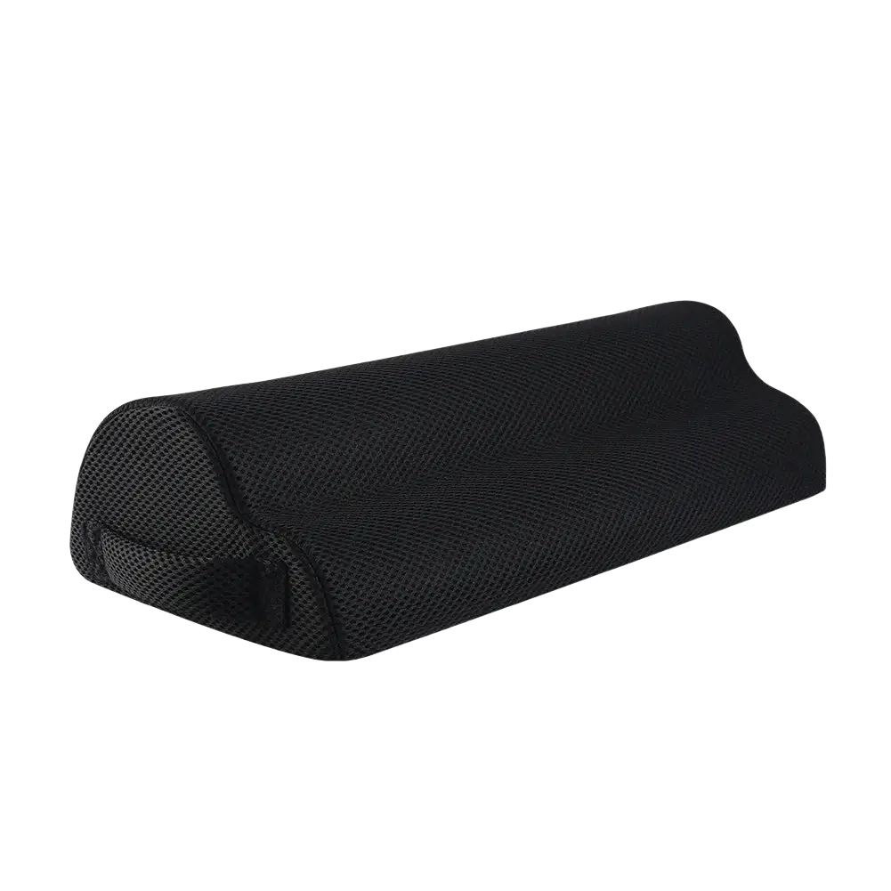 Ergonomic footrest with lumbar support featuring a black mesh-backed contoured cervical support pillow shown from the back side