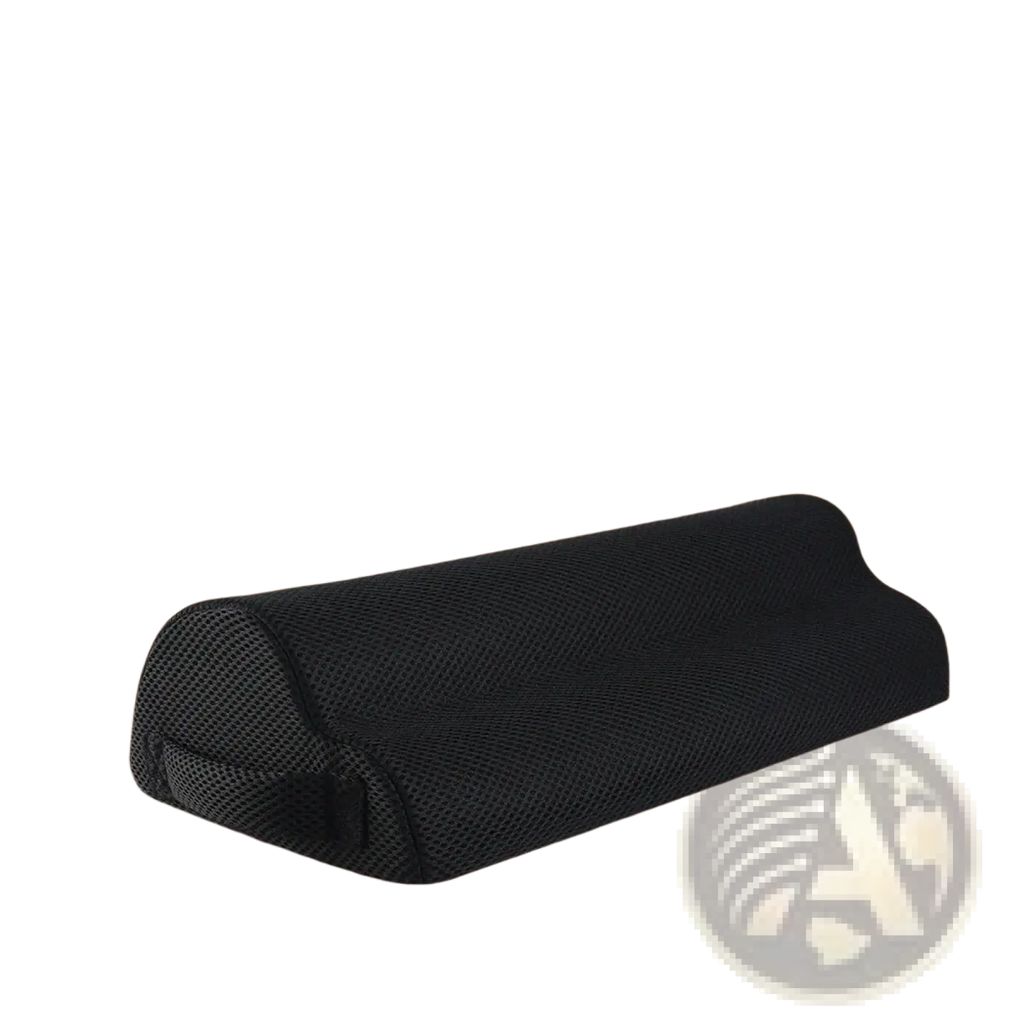 Black mesh-backed lumbar support pillow with contoured ergonomic design for ergonomic footrest with led lighting