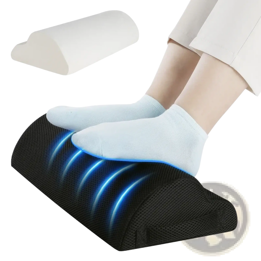 Ergonomic black mesh footrest with lumbar support featuring blue led lighting for comfortable posture enhancement