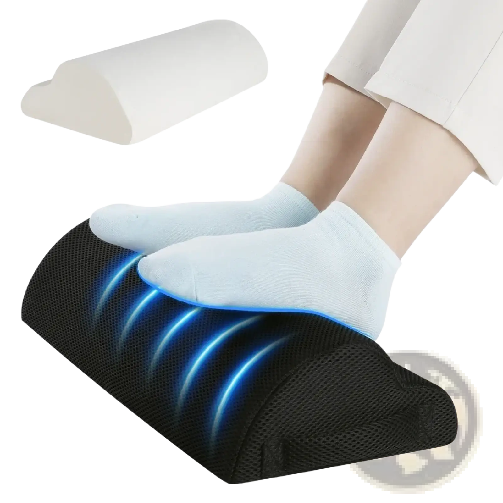 Ergonomic black mesh footrest with lumbar support featuring blue led lighting for comfortable posture enhancement