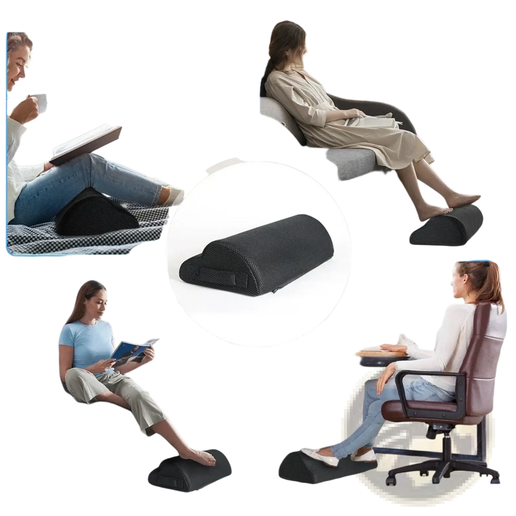 Ergonomic black mesh-textured footrest with contoured shape for lumbar support and led lighting