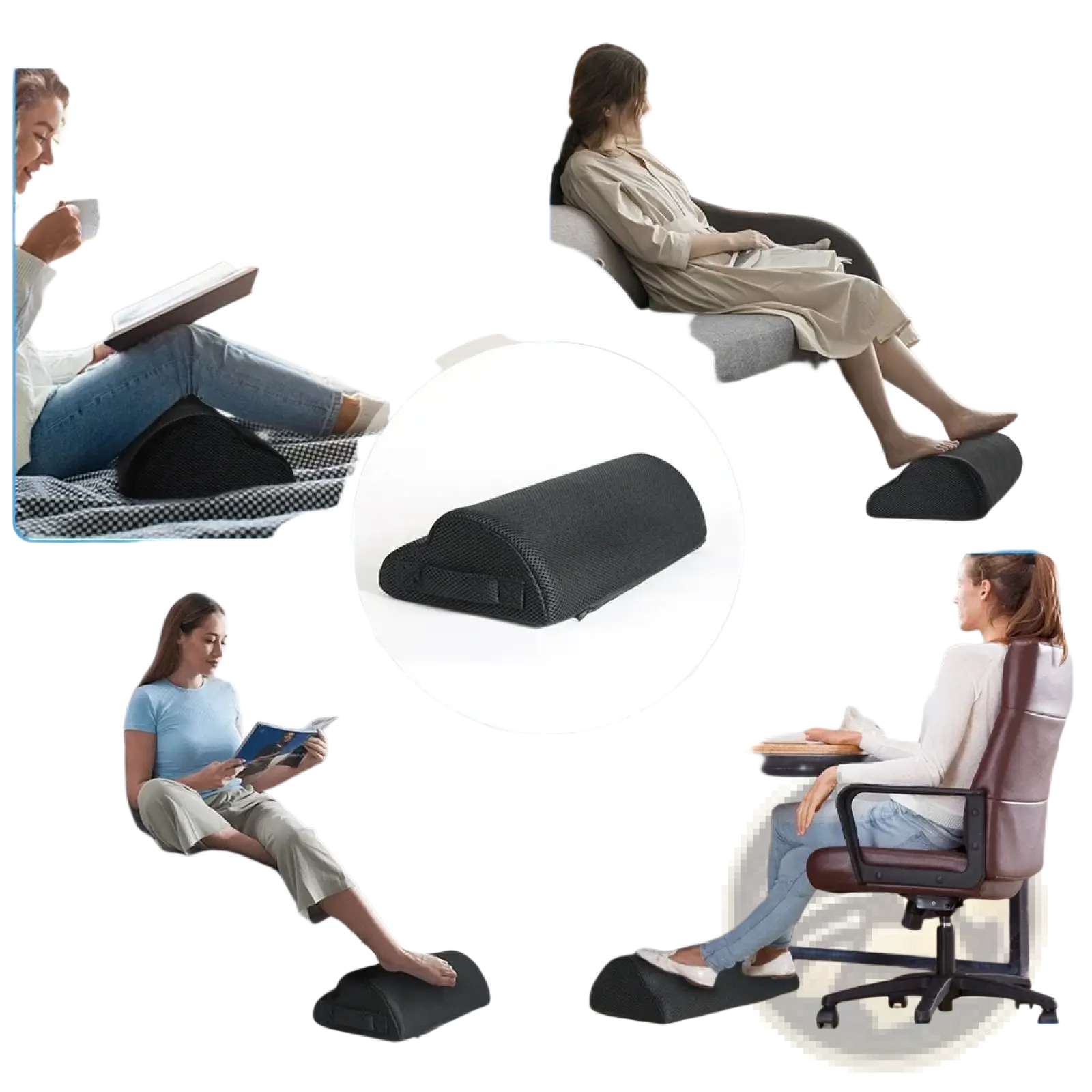 Ergonomic black mesh-textured footrest with contoured shape for lumbar support and led lighting