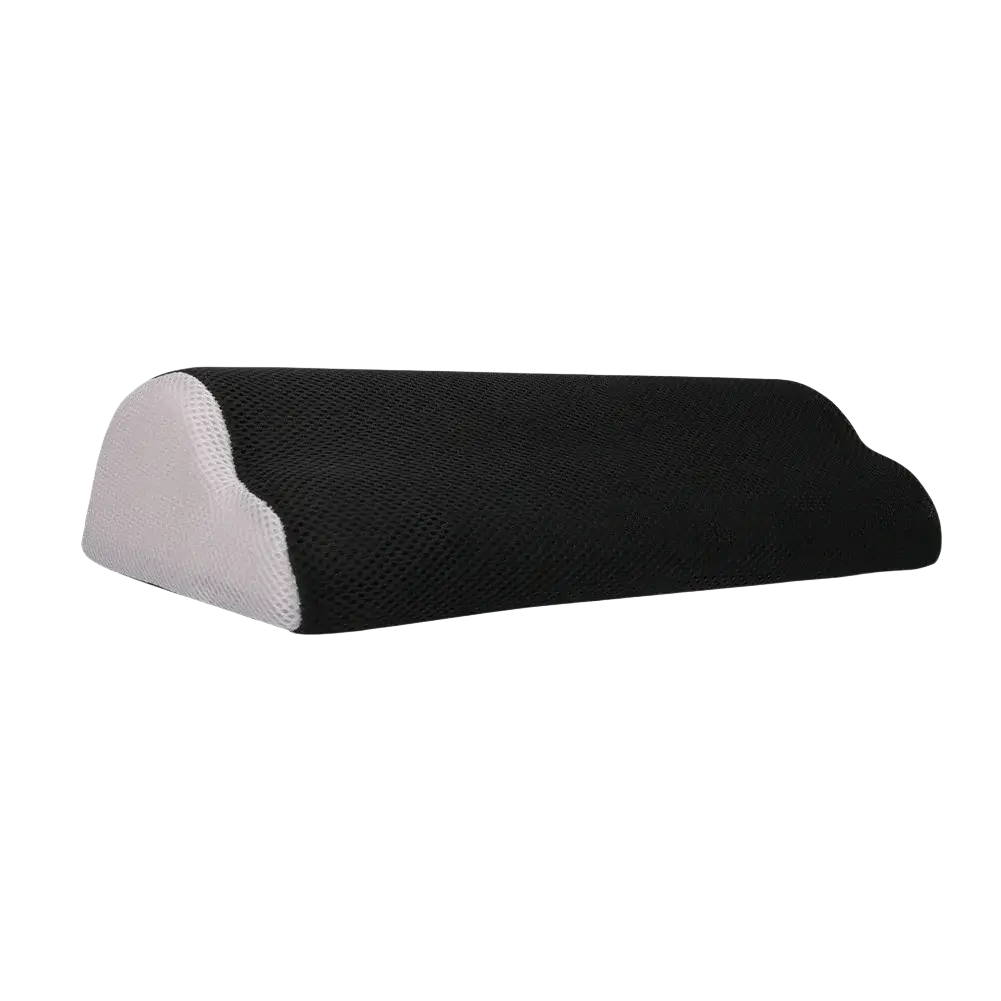 Black and white mesh-backed ergonomic neck pillow with contoured shape for support in ergonomic footrest product lineup