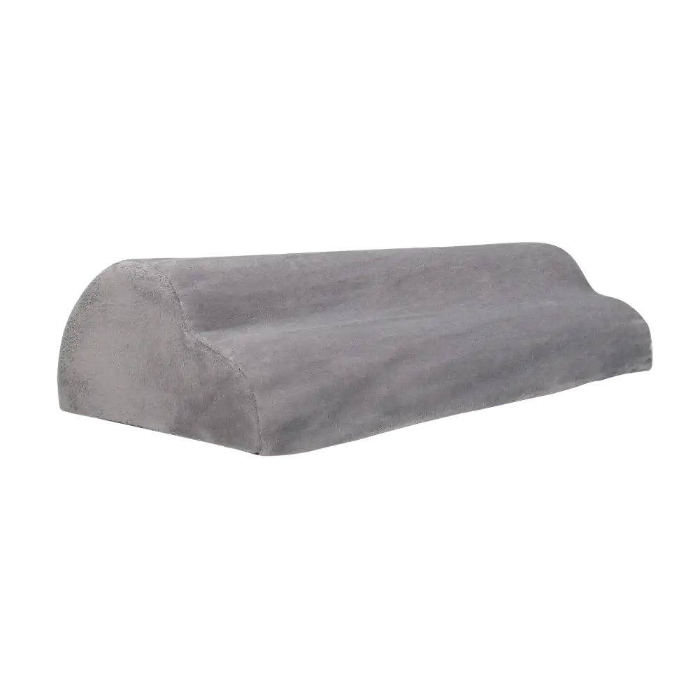 Gray suede-textured lumbar support pillow designed for ergonomic footrest with lumbar support and led lighting