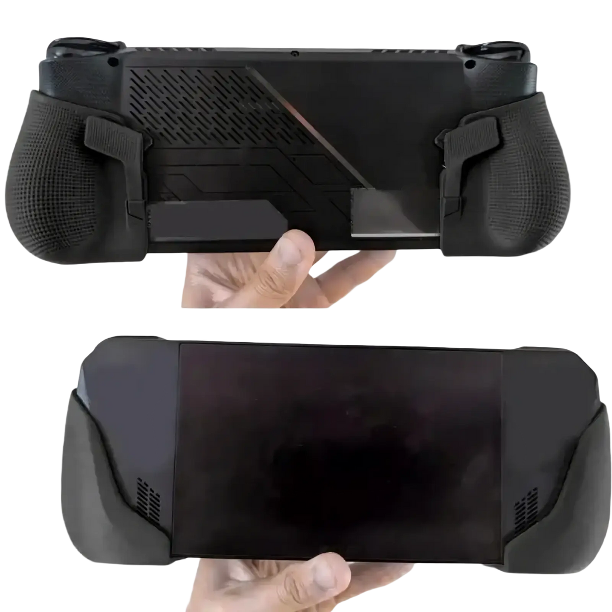 Black ergonomic handheld console grip handle with textured grips and angular design features shown from the back side