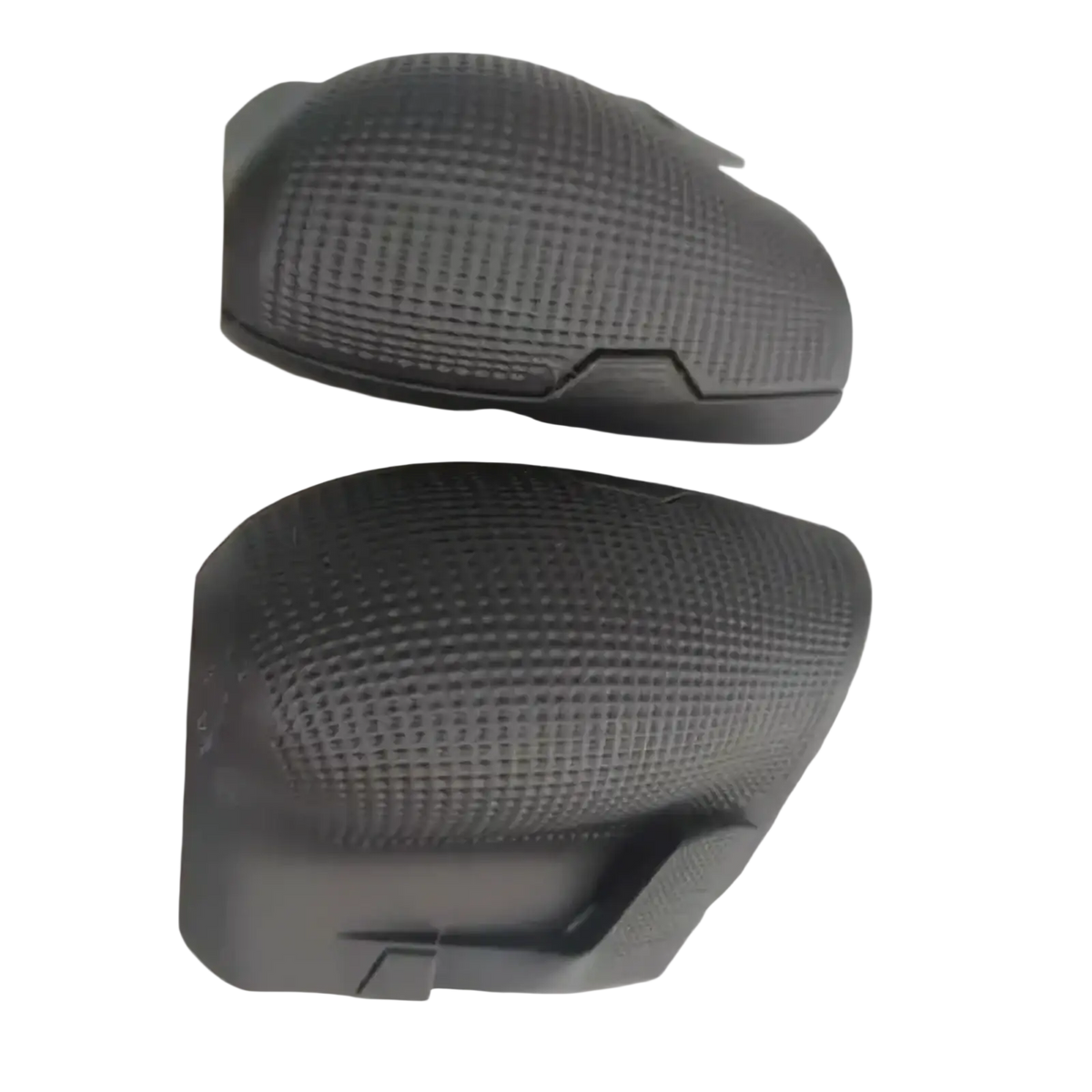 Black textured plastic motorcycle side mirror covers shown from the back for ergonomic handheld console grip handle 2pcs