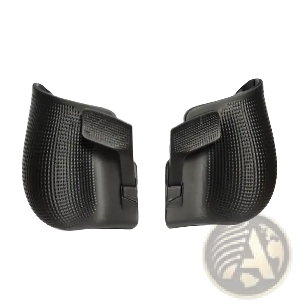 Black rubber ergonomic handheld console grip handles with textured grid surfaces and velcro straps for secure grip 2pcs