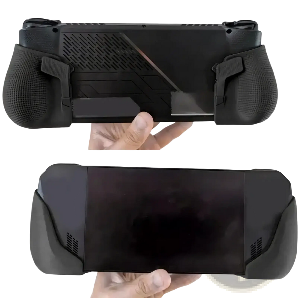 Black ergonomic handheld console grip handle with textured grips and angular design features shown from the back side