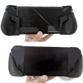 Black ergonomic handheld console grip handle with textured grips and angular design features shown from the back side