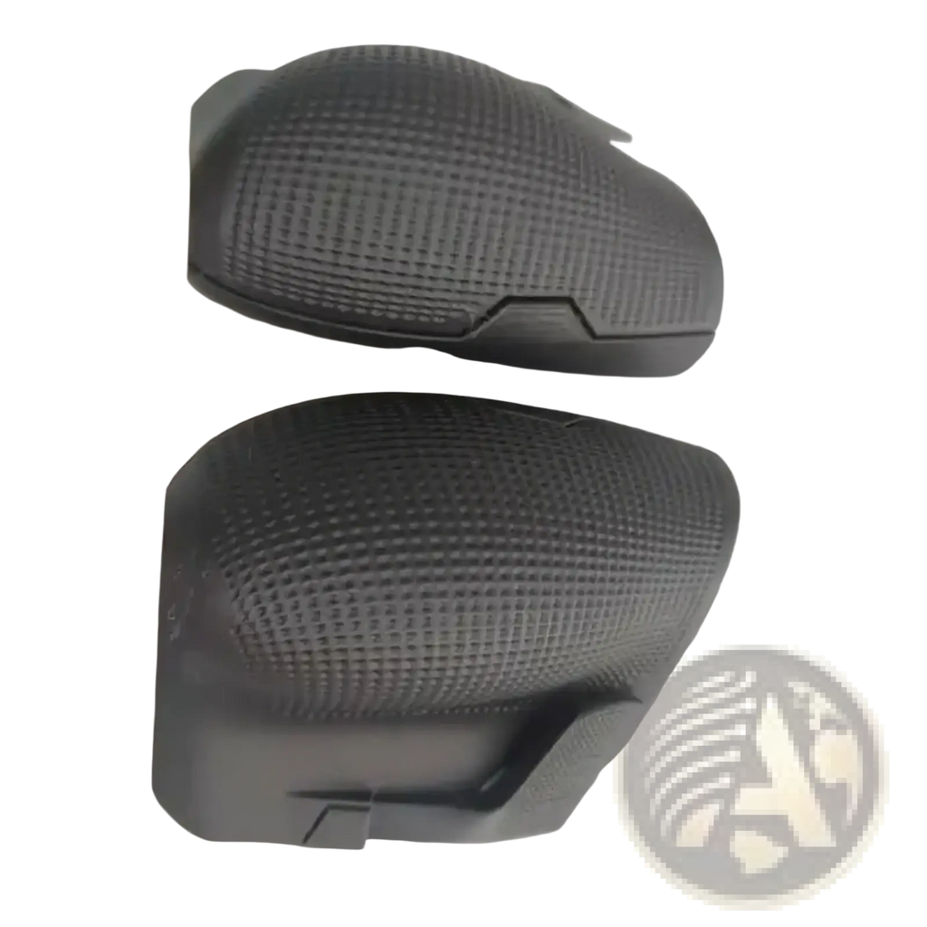 Black textured plastic motorcycle side mirror covers shown from the back for ergonomic handheld console grip handle 2pcs