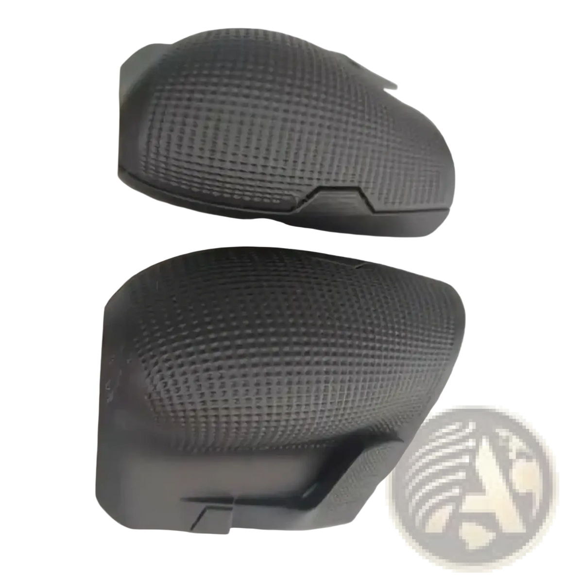 Black textured plastic motorcycle side mirror covers shown from the back for ergonomic handheld console grip handle 2pcs