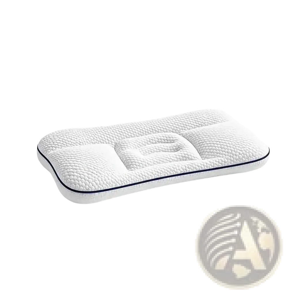 Ergonomic kids memory foam cervical support pillow in white with textured surface and navy blue trim