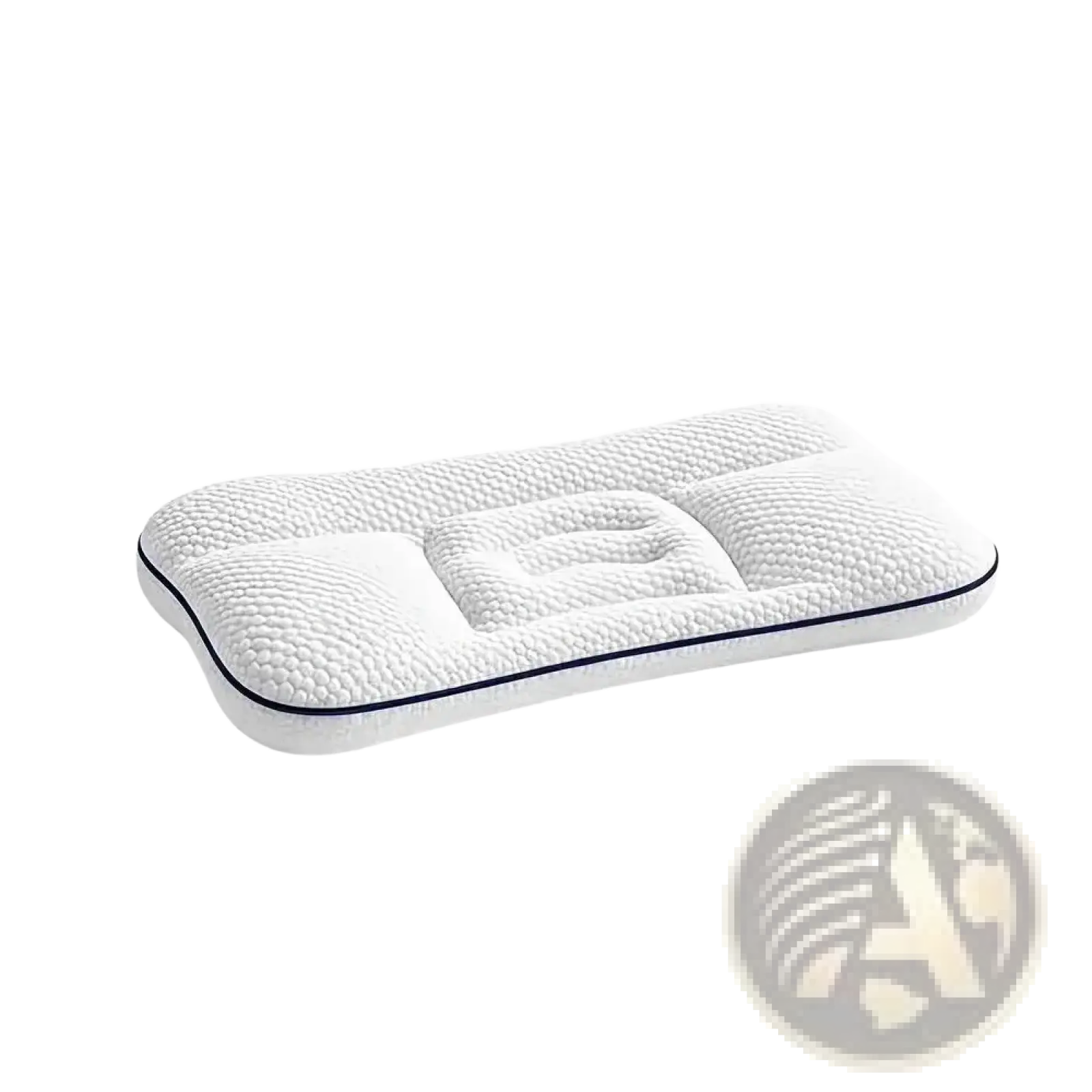 Ergonomic kids memory foam cervical support pillow in white with textured surface and navy blue trim
