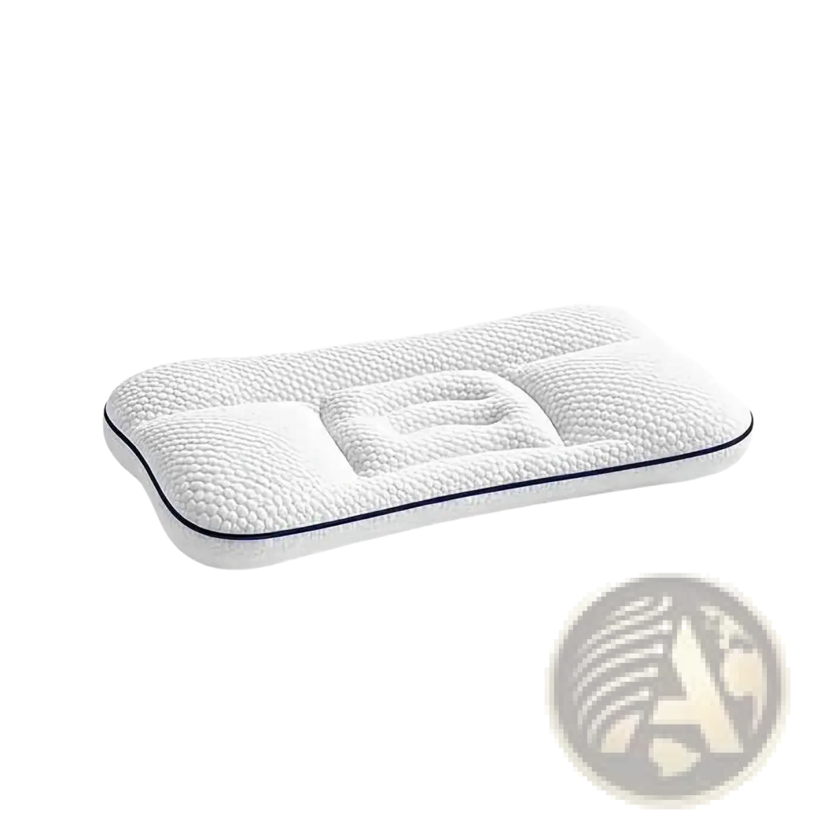 Ergonomic kids memory foam cervical support pillow in white with textured surface and navy blue trim