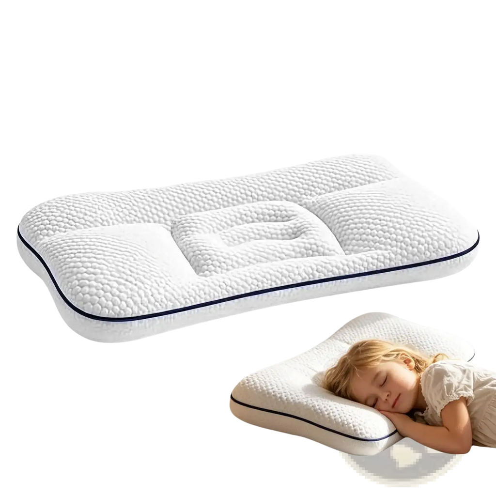 Ergonomic kids memory foam cervical support pillow in white with textured surface and navy blue trim for neck support