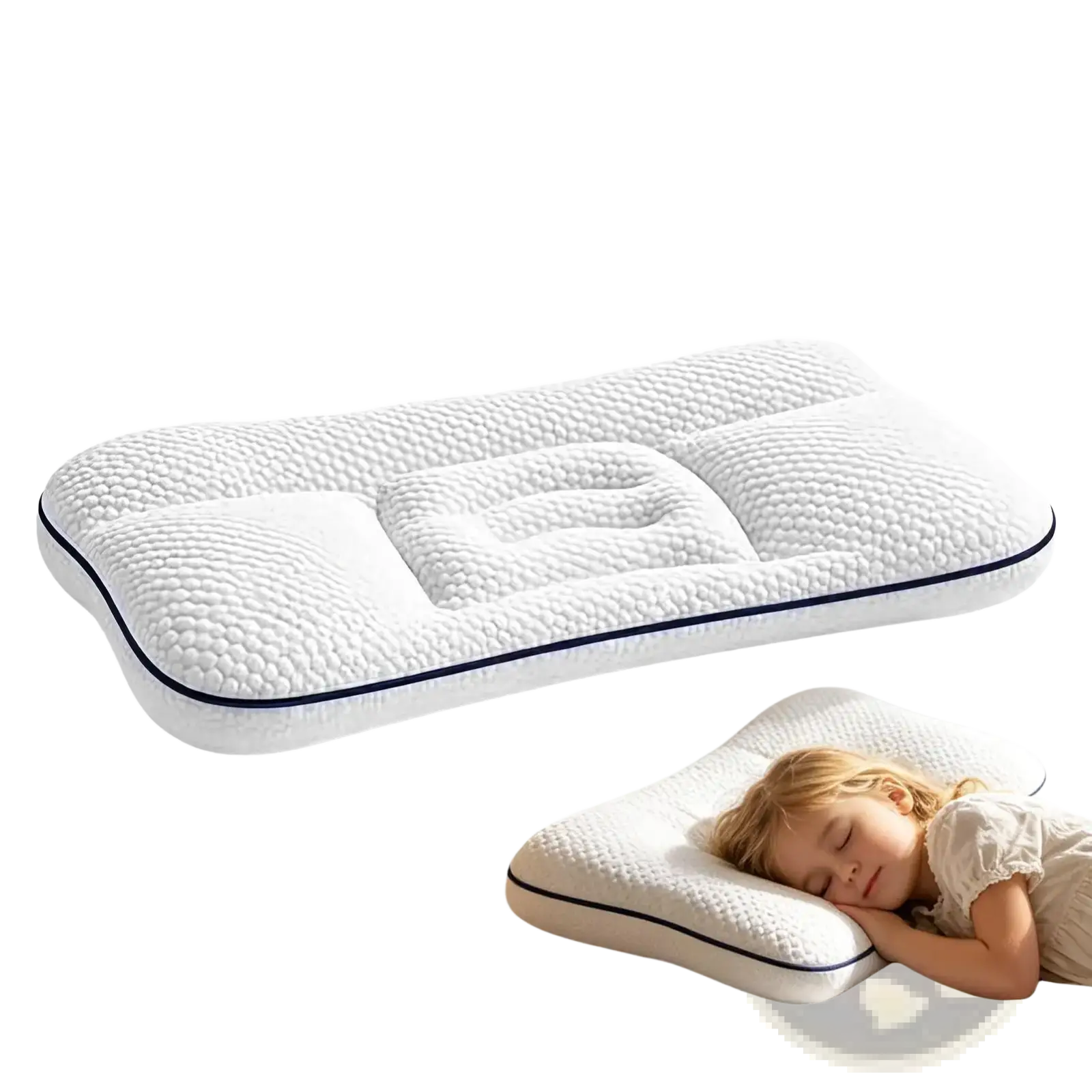 Ergonomic kids memory foam cervical support pillow in white with textured surface and navy blue trim for neck support