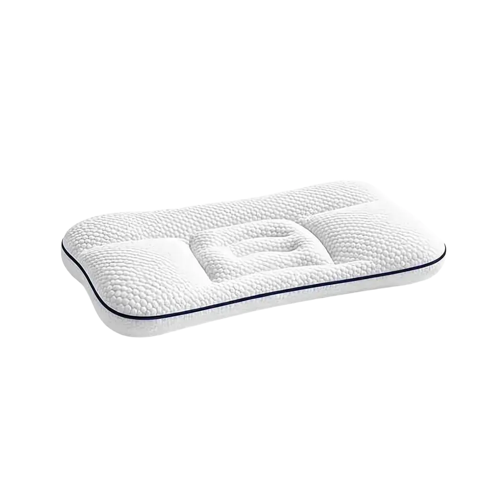 Ergonomic kids memory foam cervical support pillow in white with textured surface and navy blue trim