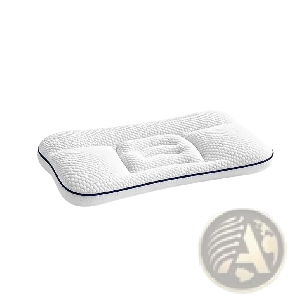 Ergonomic kids memory foam cervical support pillow in white with textured surface and navy blue trim