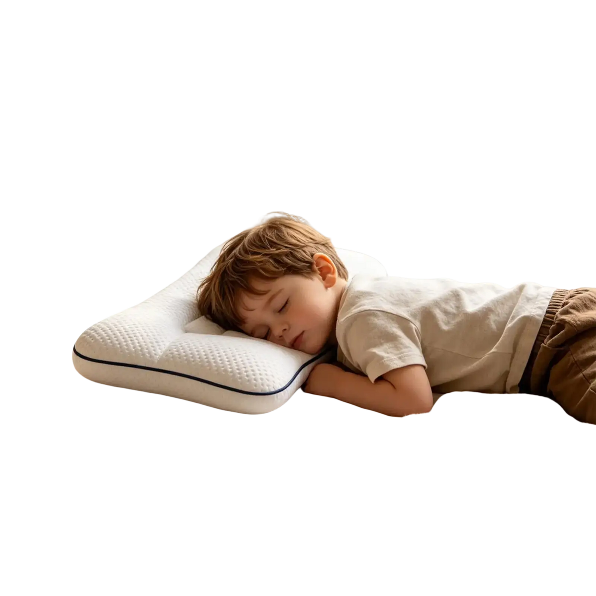 Ergonomic kids memory foam cervical support pillow in white with textured surface and black trim
