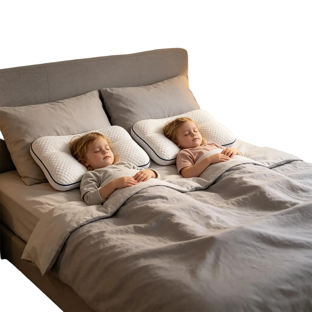 Ergonomic kids memory foam cervical support pillow in white quilted fabric with black piping for comfort and support