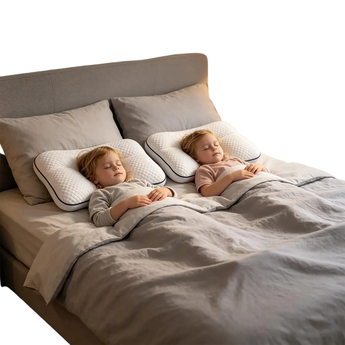 Ergonomic kids memory foam cervical support pillow in white quilted fabric with black piping for comfort and support
