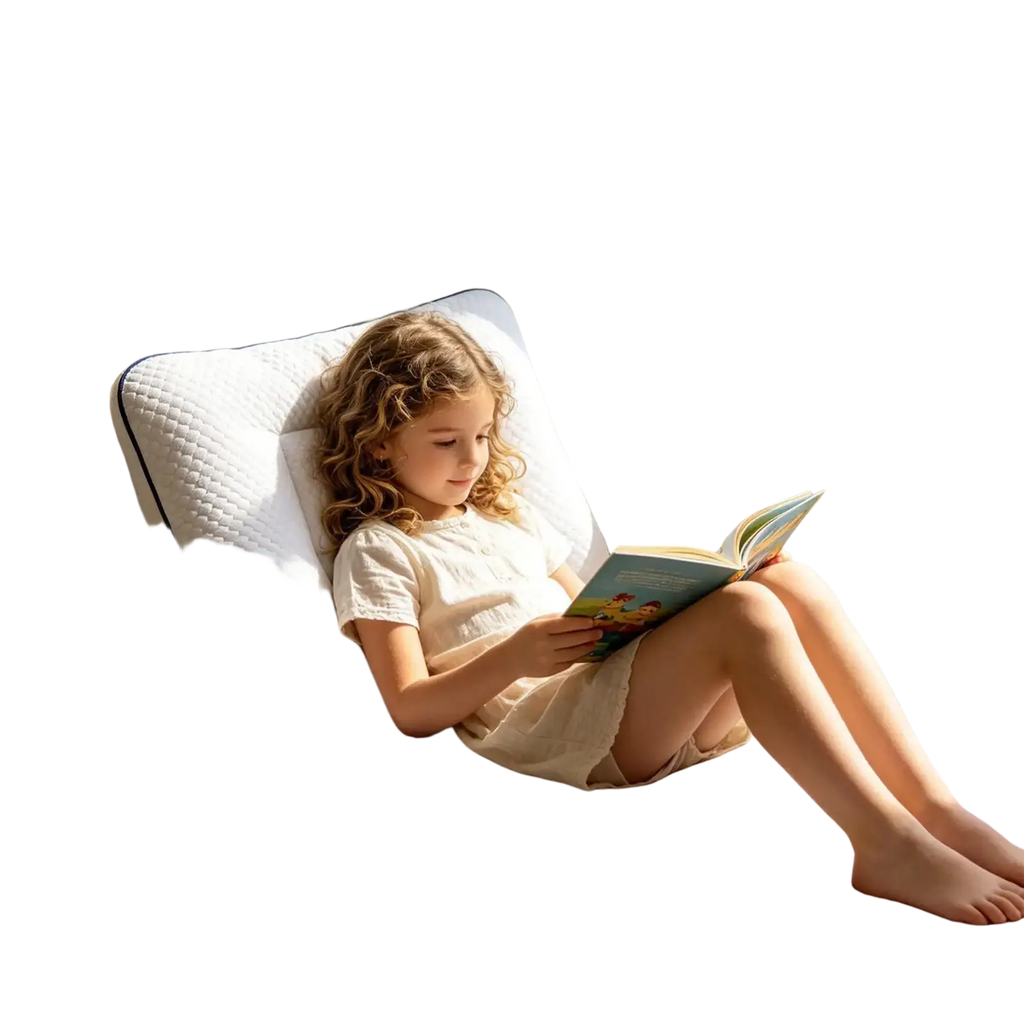 White quilted ergonomic kids memory foam cervical support pillow with navy blue piping for neck support