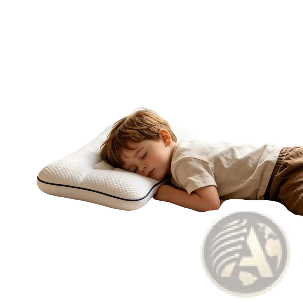 Ergonomic kids memory foam cervical support pillow in white with textured surface and black trim