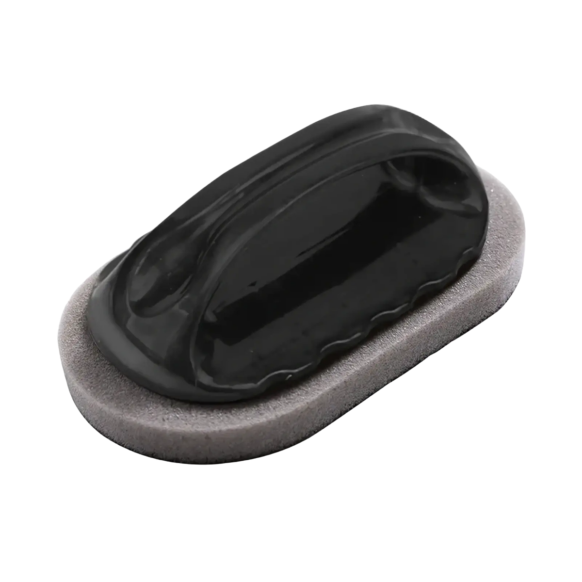 Ergonomic kitchen scrubber sponge with black glossy handle and textured gray sponge base for effective cleaning