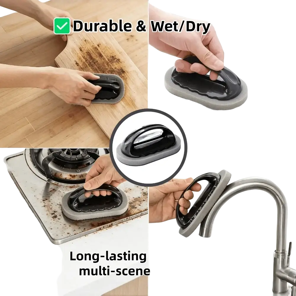 Ergonomic kitchen scrubber sponge with black and gray scrubbing foam and durable handle for wet or dry cleaning