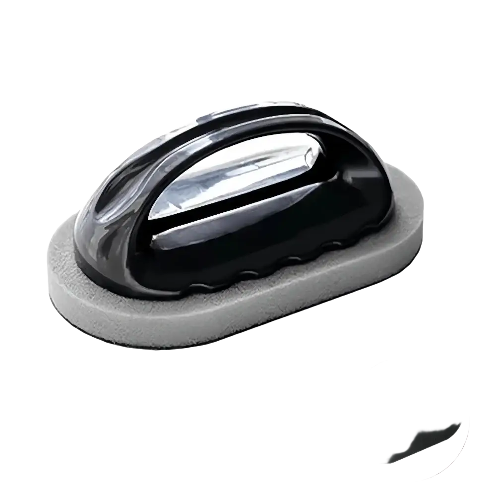 Ergonomic kitchen scrubber sponge with black and gray dual-sided cleaning brush and glossy plastic handle