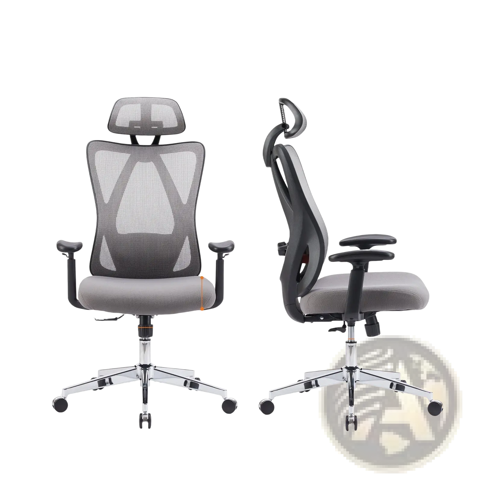 Ergonomic mesh office chair in gray with black frame featuring adjustable headrest armrests and five-star base