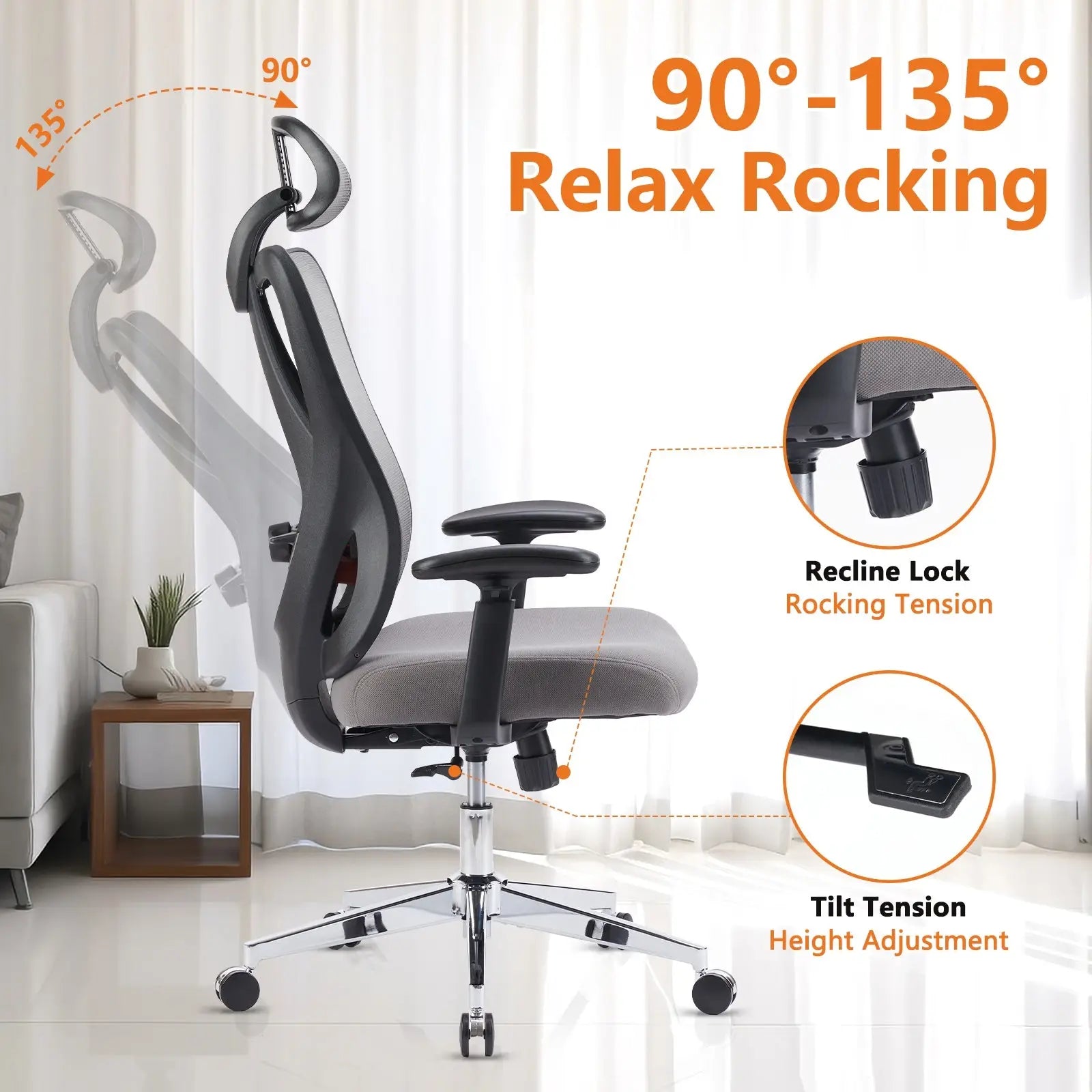 Ergonomic mesh office chair in black and gray with adjustable headrest and tilt tension for reclining from 90 to 135 degrees