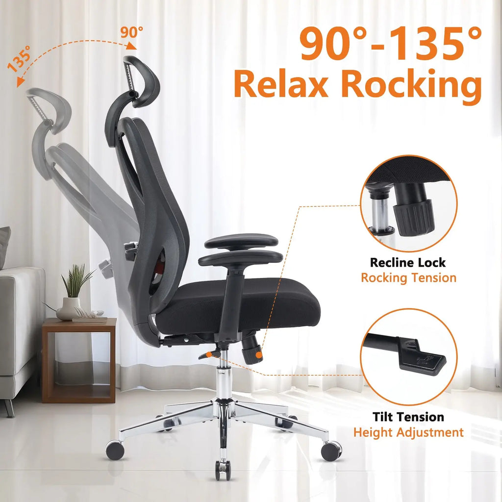 Black ergonomic office chair with mesh back and adjustable headrest shown from the rear side