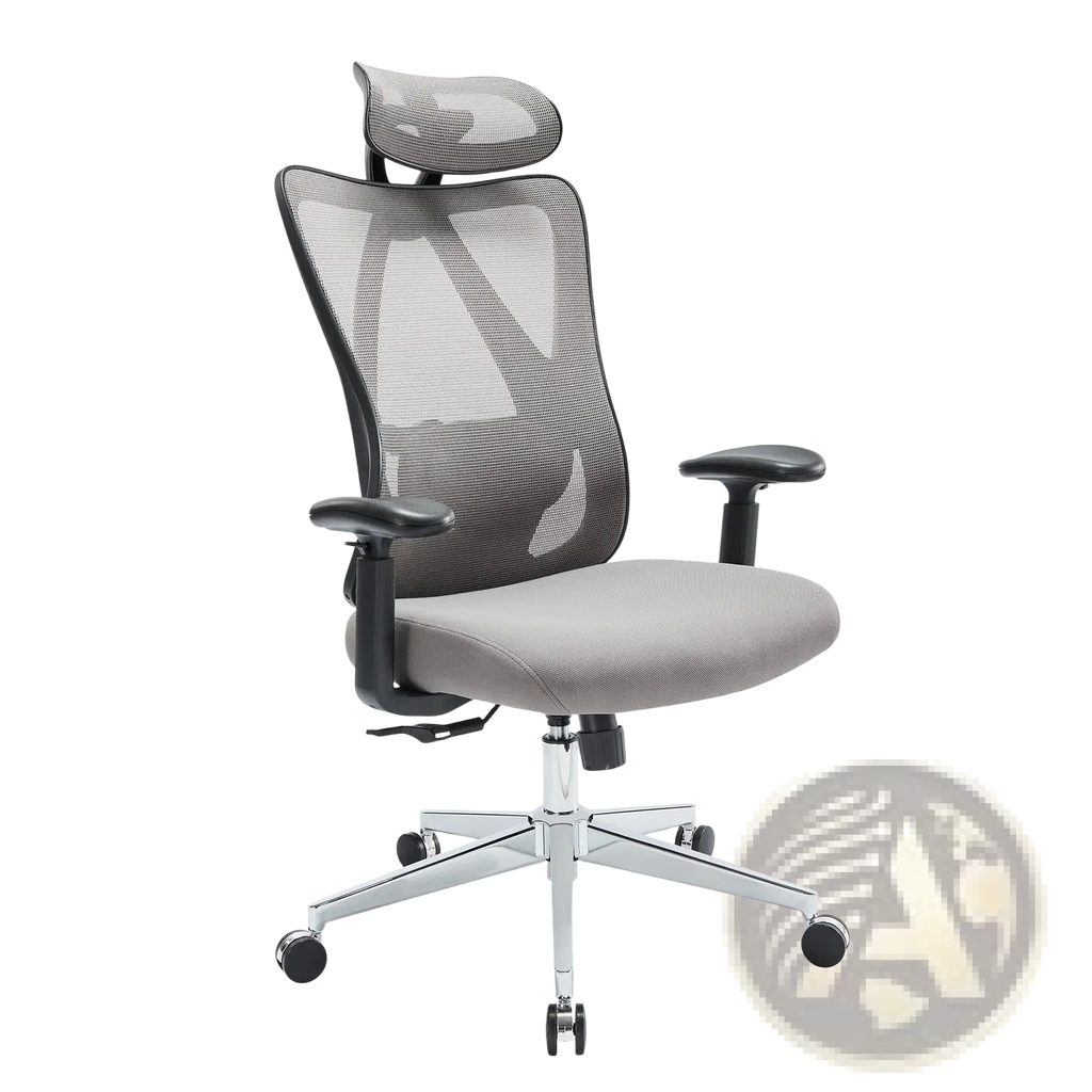 Ergonomic mesh office chair with adjustable headrest in gray mesh, black armrests, and chrome base for comfortable seating